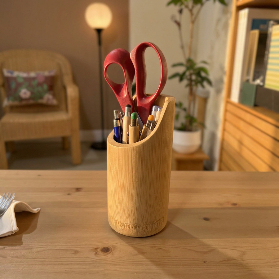 Bamboo Pen Stand PS-3 holding red-handled scissors, pens, and a pencil on a wooden table