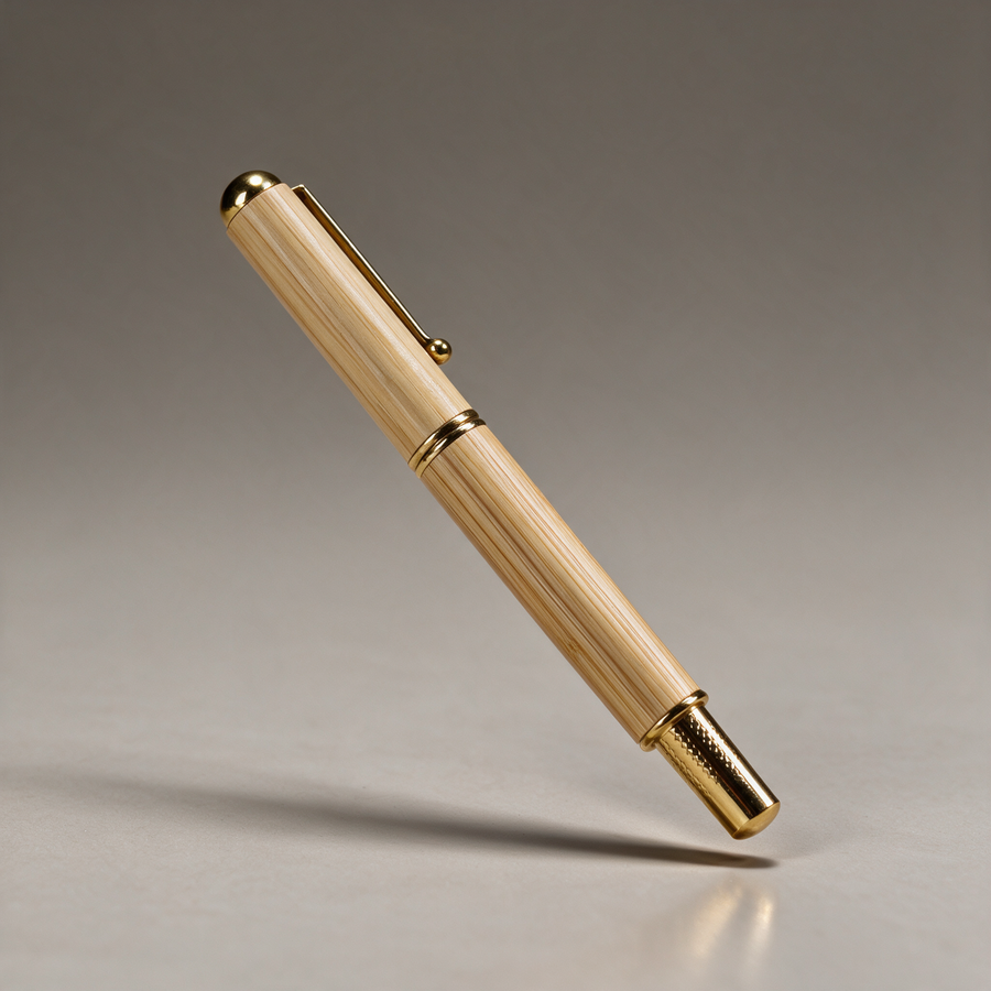 Bamboo Aurum Pen tilted upright, showing the bamboo body, gold-toned cap, ball-tipped clip, and knurled grip.