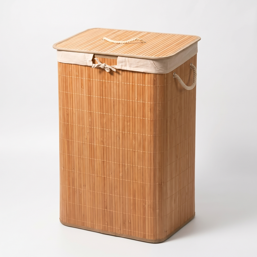 Bamboo laundry basket – mini, rectangle, angled view with lid closed.