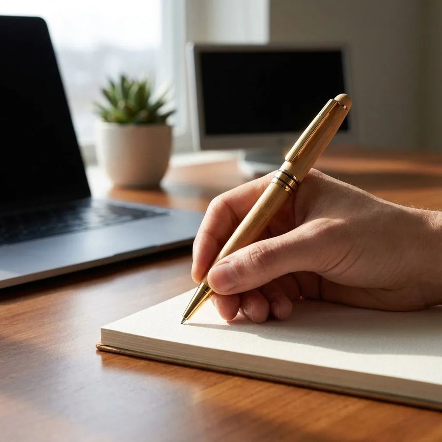 Hand holding a bamboo pen over a notebook on a desk with a laptop and plant in the background