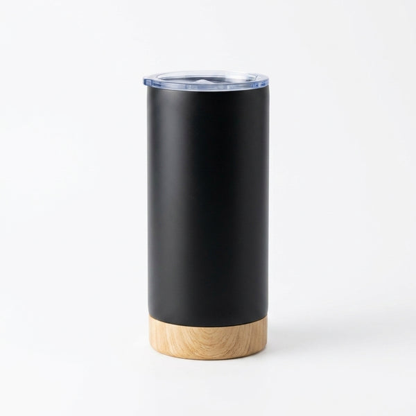 Bamboo Tumbler — matte black stainless steel with bamboo base, clear slide lid, 500 ml