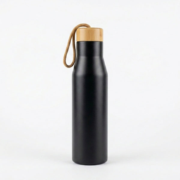 Bamboo Steel Travel Bottle in matte black with bamboo lid and rope handle, 500 ml