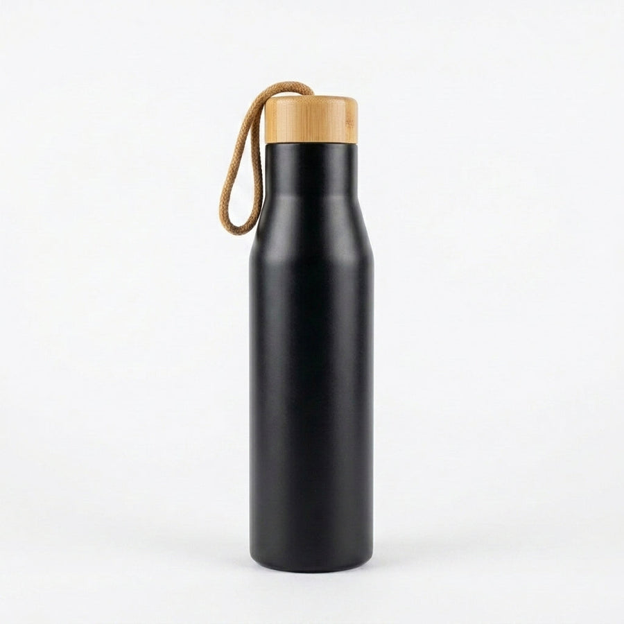 Bamboo Steel Travel Bottle in matte black with bamboo lid and rope handle, 500 ml
