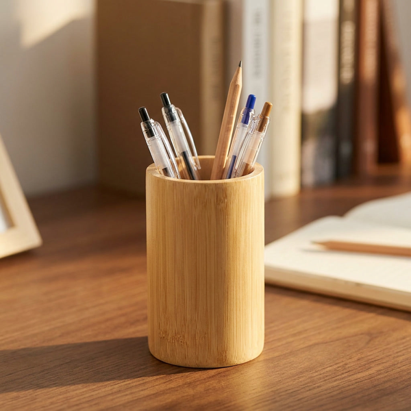 Bamboo Pen Stand PS-2 holding pens and a pencil on a walnut desk
