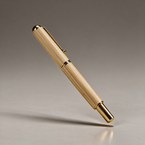 Bamboo Aurum Pen tilted upright, showing the bamboo body, gold-toned cap, ball-tipped clip, and knurled grip.