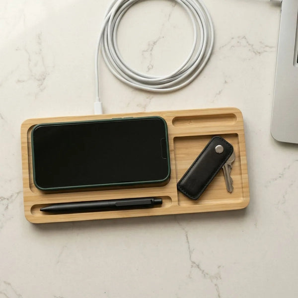 Bamboo Desk Organiser with Wireless Charging — in use