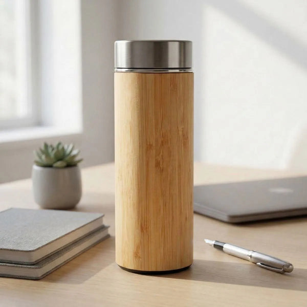 Bamboo Bottle placed on a nice clean minimalist desk