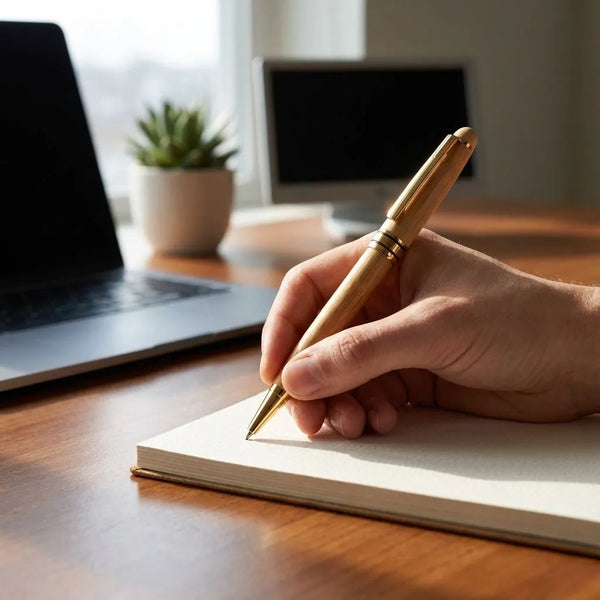 Hand holding a bamboo pen over a notebook on a desk with a laptop and plant in the background
