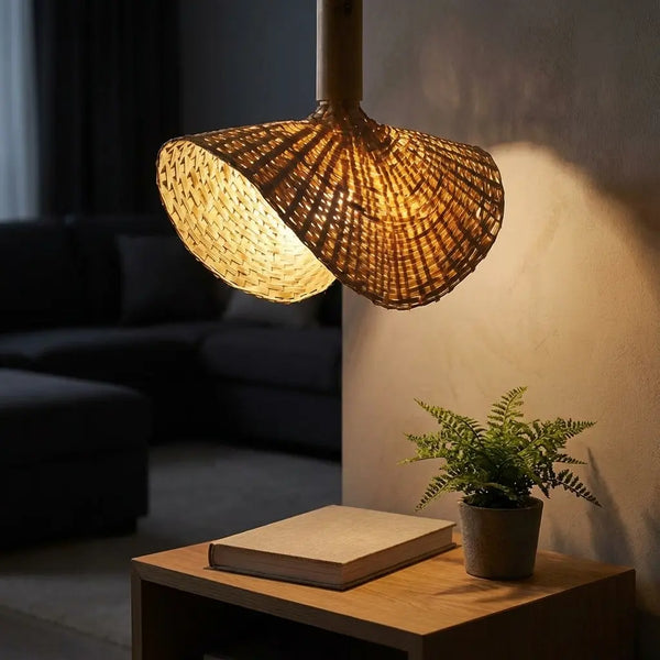 Wicker bamboo pendant light fixture casting a warm glow in a dimly lit room with a plant and book on a table.