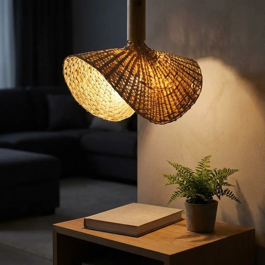 Wicker bamboo pendant light fixture casting a warm glow in a dimly lit room with a plant and book on a table.