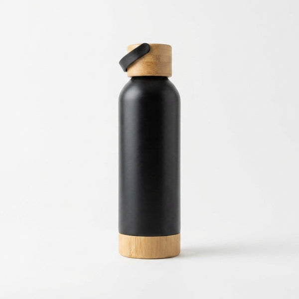 Bamboo Steel Water Bottle in matte black with a bamboo cap and bamboo base, standing on a white background