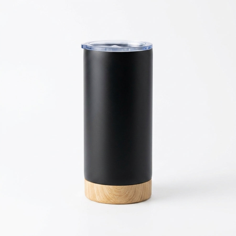 Bamboo Tumbler — matte black stainless steel with bamboo base, clear slide lid, 500 ml