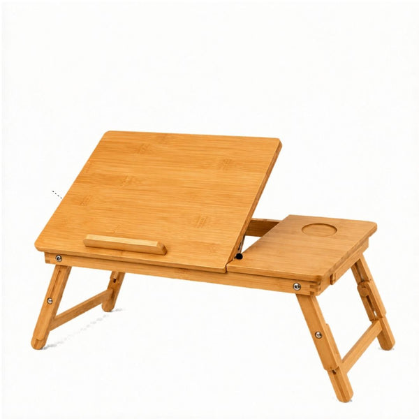 Bamboo Adjustable Laptop Desk Deluxe on white background — smooth tilting panel, built-in cup holder, laptop-stopper ledge, folding legs.