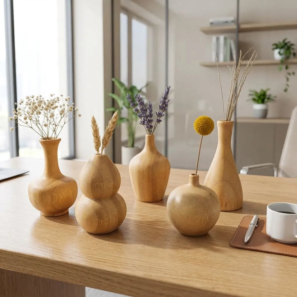 Bamboo Mini Decor Vase set featuring five elegant vases with dried flowers on a wooden table and stylish interior backdrop.