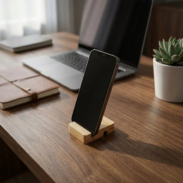 Bamboo Mobile Tablet Stand holding a smartphone on a wooden desk with a laptop and plants in the background.