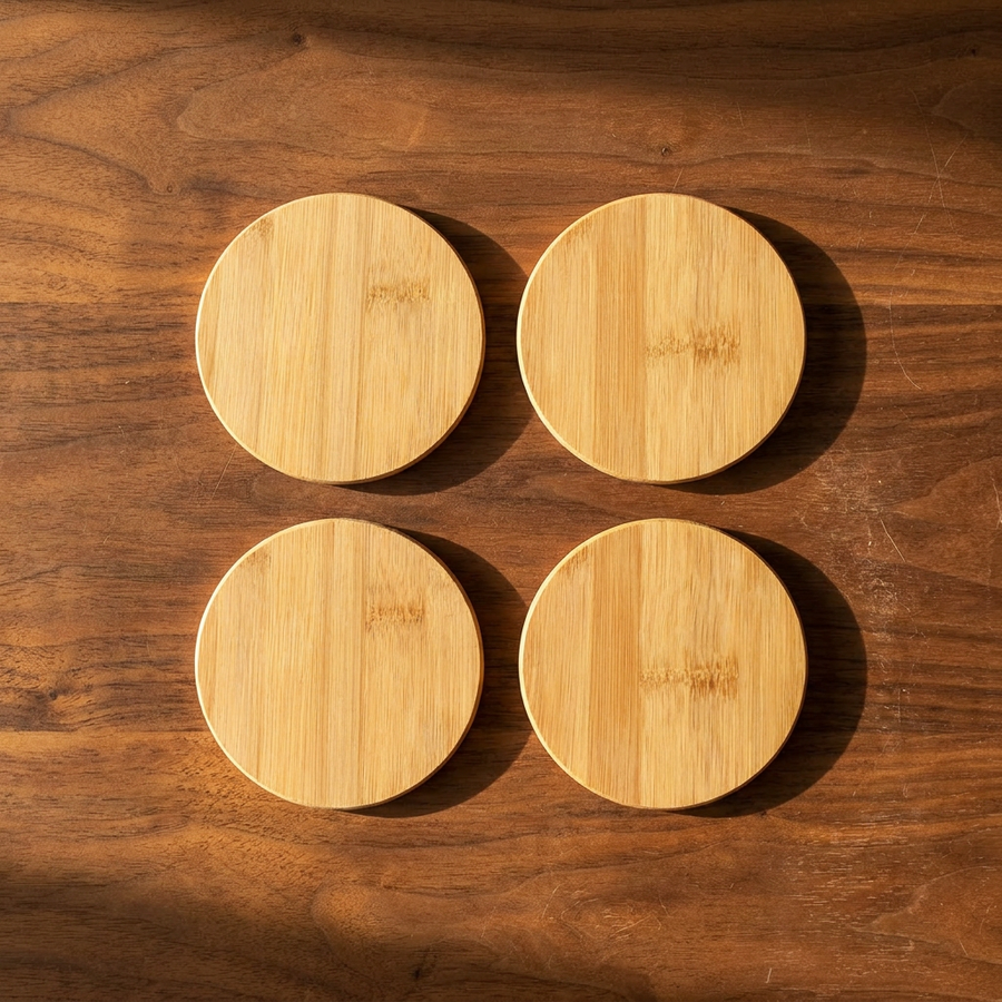 Natural Bamboo Round Coasters set of 4 on a warm walnut table, top view