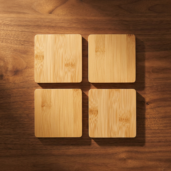 Natural Bamboo Square Coasters set of 4 on a warm walnut table, top view
